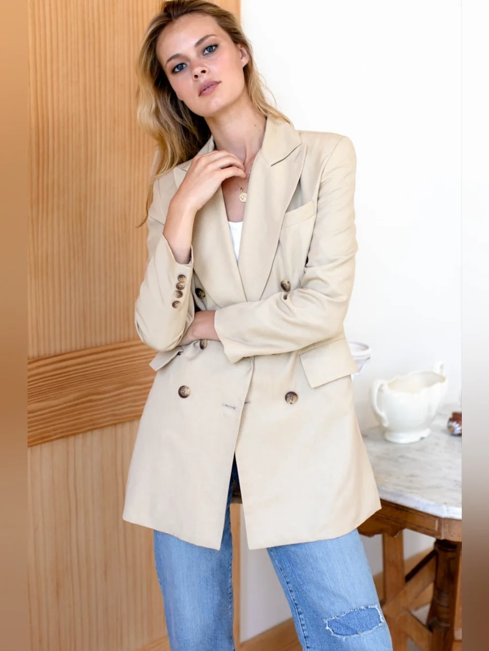 Emerson Fry Double-Breasted Beige Blazer - Picture 2 of 9